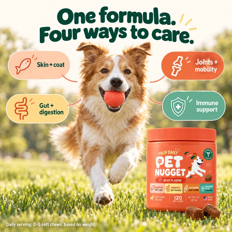 One formula, four ways to care: skin and coat, gut and digestion, joints and mobility, immune support. Daily serving 2–5 soft chews based on weight.