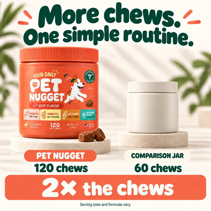 PetNugget: 120 soft chews. Twice the chews in a 60-chew comparison jar. Formulas and serving sizes vary.