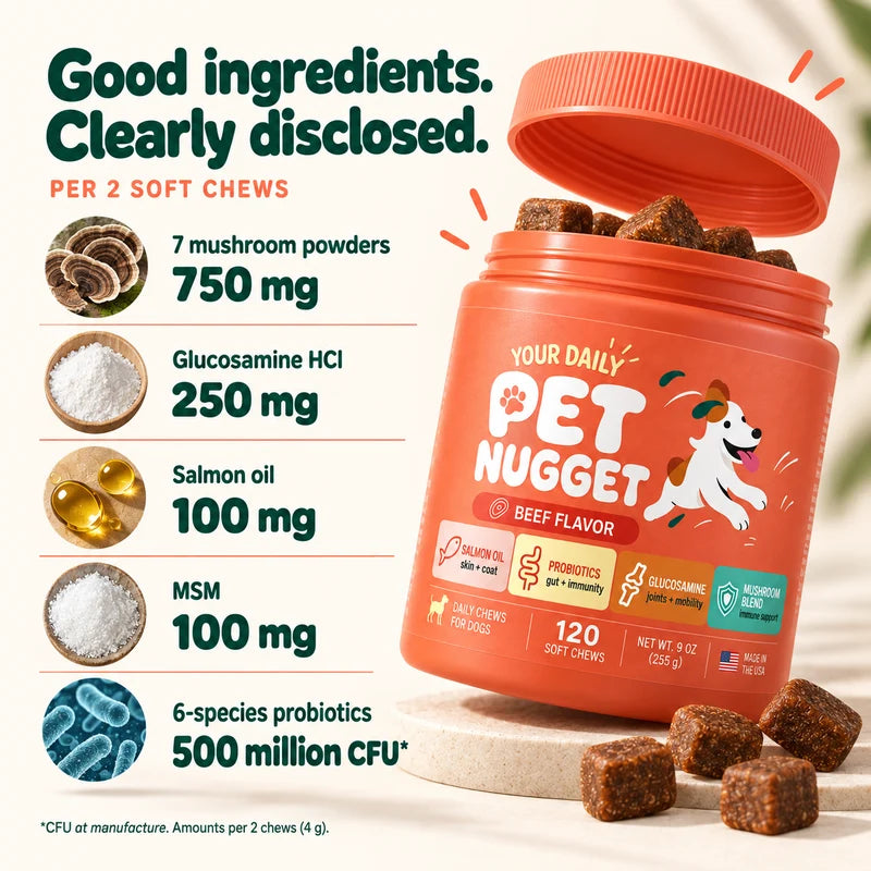 Per 2 chews: seven mushroom powders 750 mg, glucosamine HCl 250 mg, salmon oil 100 mg, MSM 100 mg, six probiotic species 500 million CFU at manufacture.