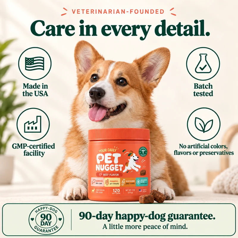 Veterinarian-founded. Made in the USA. Batch tested. GMP-certified facility. No artificial colors, flavors or preservatives. 90-day happy-dog guarantee.