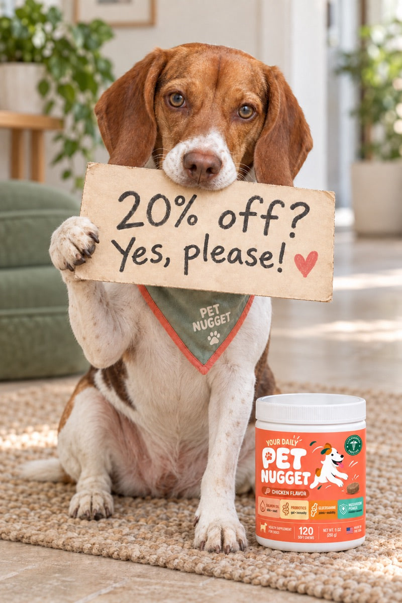 A beagle in a PetNugget bandana holding a 20% off sign beside a PetNugget jar