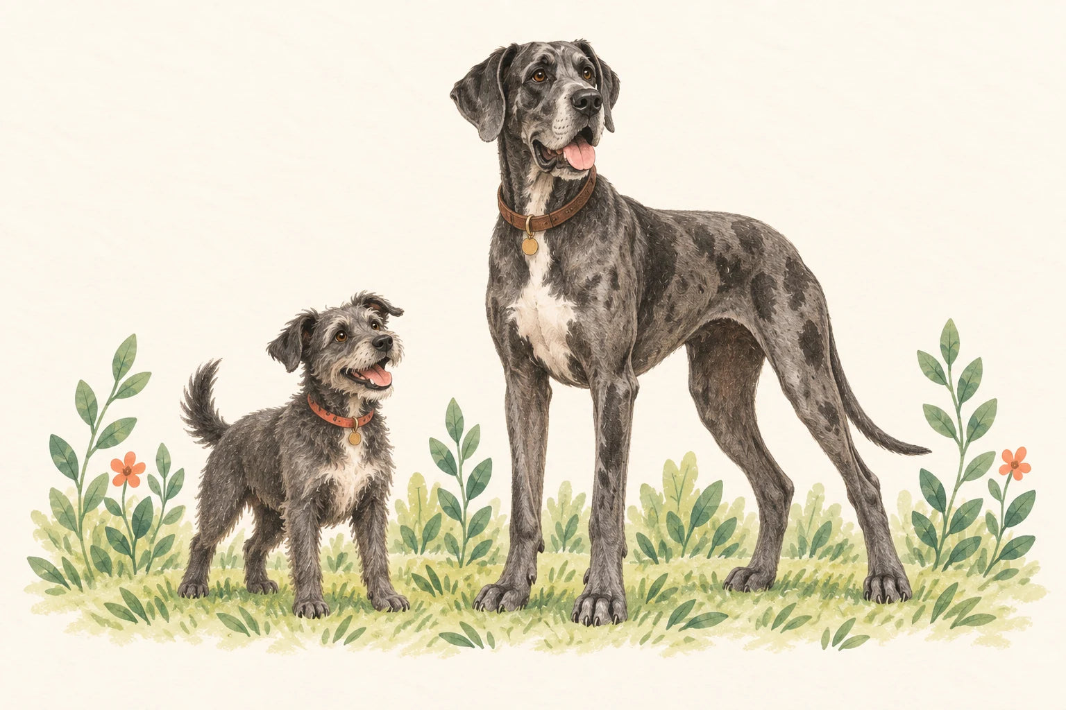 A small terrier and a large Great Dane illustrated side by side.