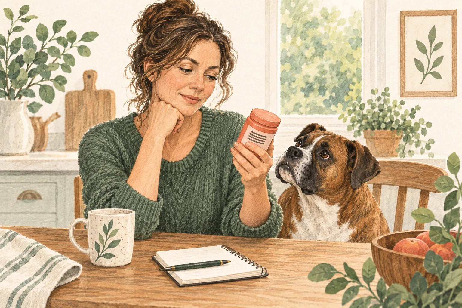 An owner reads a supplement container while a boxer sits beside her.