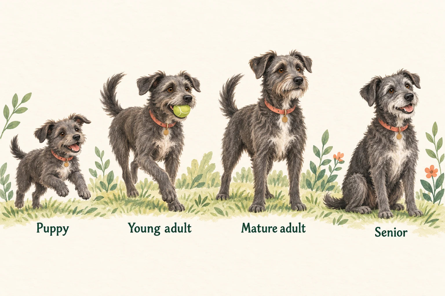 Illustration of the same scruffy dog as a puppy, young adult, mature adult and senior.