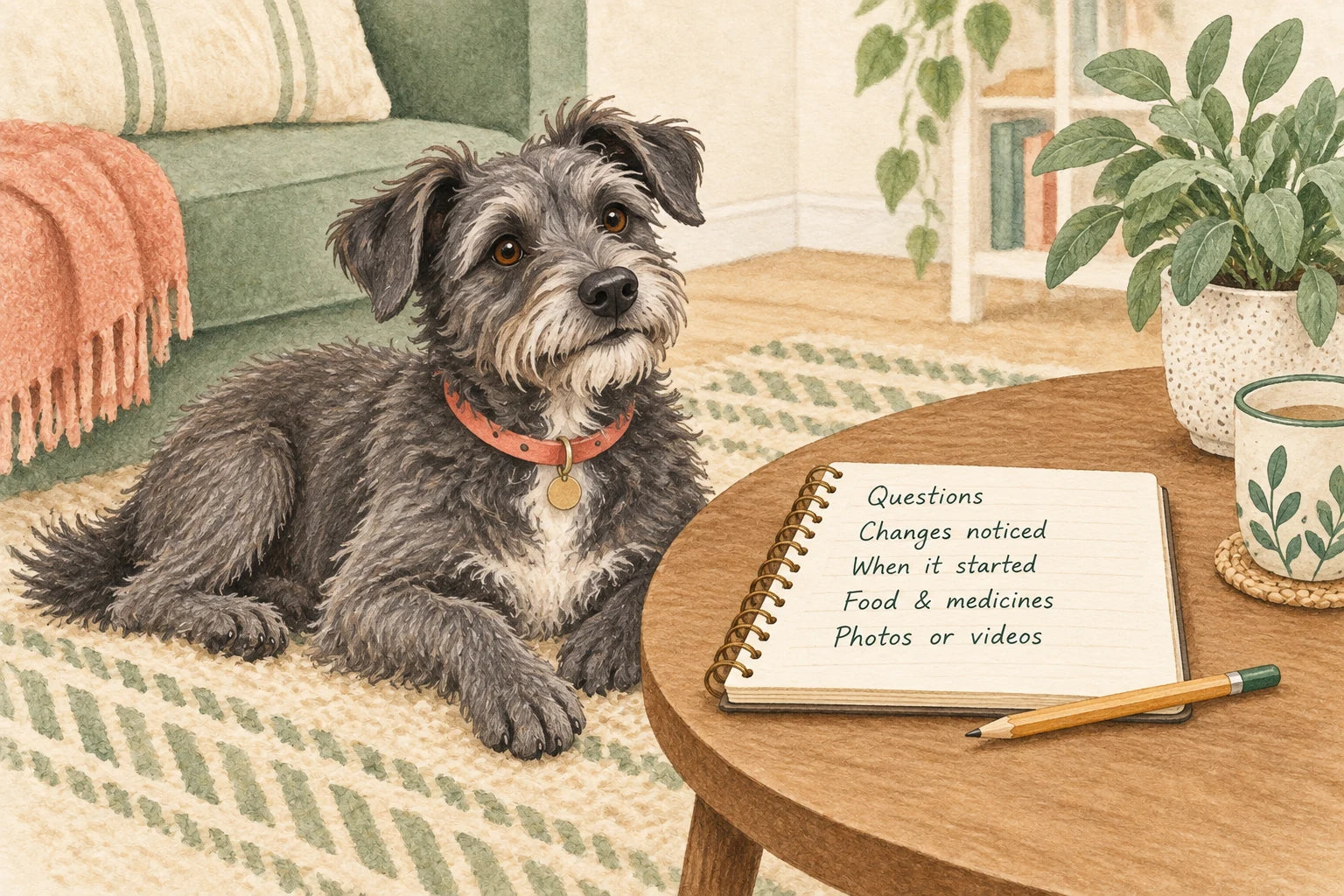 A dog beside a notebook listing questions, changes, timing, food and medicines, and photos or videos.